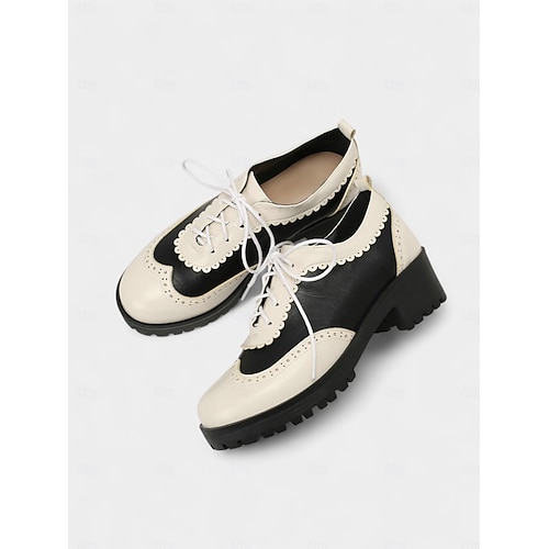  Dámské vintage černobílé oxfordské boty typu brogue z 50. let se šněrovacím designem a nízkým podpatkem - retro obuv z oktoberfestu pro běžné nošení, práci a cosplay oblečení.