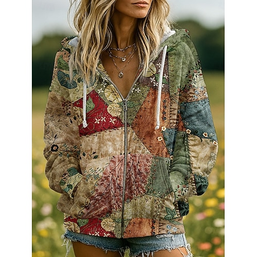  Felpe con Cappuccio 3D Donna Stampate con Grafica Floreale Moda Casual Boho Maniche Lunghe Cappuccio Top Regolari Abbigliamento Stradale Quotidiano Patchwork Tasca con Cerniera Rosa Rosso Blu