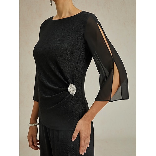  Dam Dressiga toppar Ensfärgat Elegant Vintage Dagligen 3/4 ärm Rund hals Vanliga toppar Bröllopsgäst Kvällsfest Date Night Outfits Glitter Svart Vår, Höst, Vinter, Sommar