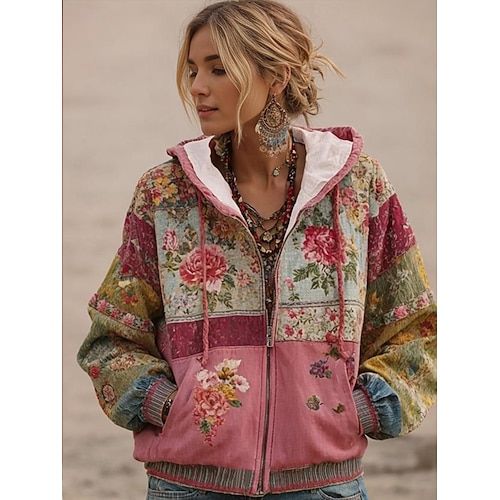 Kvinners 3D Print Hetter Sweatshirt Jakke Langermet Zip Up Hetter Med Lomme Lett Kledelig Mikrodeformbar Zip Up Hetter Blomster Grafisk Gate Hverdagsklær Patchwork Lomme Gul Rosa Høst