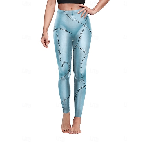  Leggings da donna per Halloween, pantaloncini anti-sfregamento, punk, casual, lunghi, a vita alta, stampa grafica, taglio alto, comodi, traspiranti, alta elasticità, per tutti i giorni, per le vacanze, festival, nero, blu reale, blu