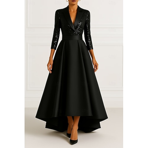 Smokingklänning Hög-låg klänning Formell Bröllop Bröllopsgäst Paljett Elegant 3/4-ärmad veckad Golvlång Naggade slag