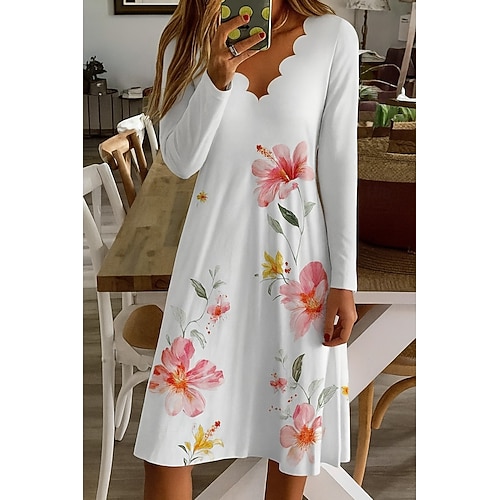 Femmes Mini Robe Robe fourreau Occasionnel Boho Quotidien Coupe régulière Fleuri Graphique manche longue Col en V Blanche Orange Été Printemps Automne Hiver