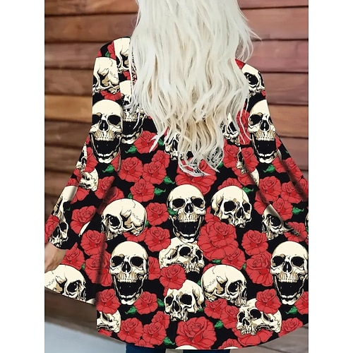  Damen Mantel Leicht Bequem Druck Vintage Künstlerisch Lässig Halloween Schädel Lässig Lang Kragenlos Normale Passform Langarm Oberbekleidung Schwarz Weiß Rote Frühling Herbst
