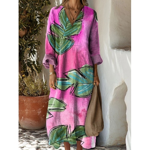  Femmes Robe maxi Robe d'Été Robe trapèze Vacances Occasionnel Boho Soirée Fête Plage Coupe Ample Graphique Géométrique Abstrait manche longue Col en V Marron Sapin Rouge Foncé Rouge Marron clair