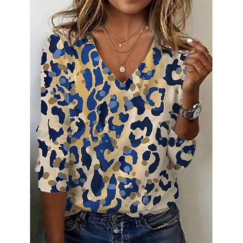  Dam Tunika T-shirt Grafisk Leopard Färgblock Vintage Stylish Ledigt Långärmad V-hals Vanliga toppar Dagligen Sport Helgen Mönster Blå Kaki Höst
