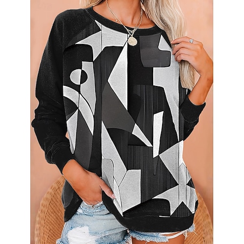  Damen Sweatshirts Grafik Geometrisch Mode Lässig Langarm Rundhalsausschnitt Normale Oberteile Lässig Druck Weiß Rote Blau Purpur Grün Sommer Frühling Herbst