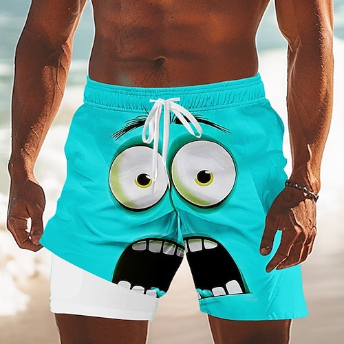 Men's 3D Cartoon Funny Smile Face Lined Shorts 2 in 1 Board Shorts Swim Shorts Mid Waist Hawaiian Holiday Side Pockets With Compression Liner Elastic Drawstring Waist Designer Clothing Apparel