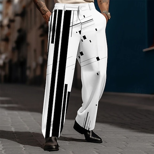 Men's Geometric Striped Dress Pants Trousers Suit Pants Mid Waist Casual Dailywear Holiday Streetwear Relaxed Fit Flat Front Dress Pants with Side