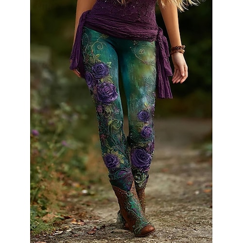  Women's Pants Trousers Leggings Cozy Leggings Streetwear Casual Full Length High Waist Floral Elastic Waist Print Breathability Comfortable Stretchy Vacation Street Daily Wear Green Summer Spring Fall