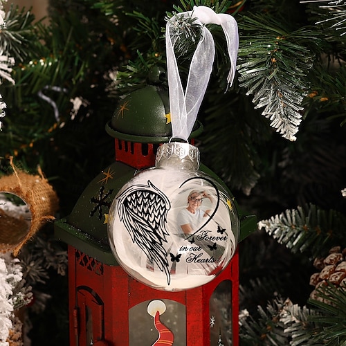  Enfeite de pena de Natal personalizado com foto, enfeite de bola 3D personalizado, presentes de condolências pela perda de entes queridos, decoração de feriado memorial de lembrança de árvore de Natal personalizada