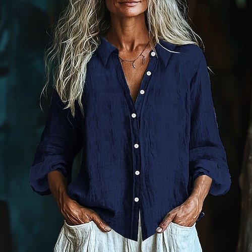  Pentru femei Cămașă Bluză texturată Cămăși inspirate din in Bluză Simplu Modern Casual Manșon Lung Guler Cămașă Topuri obișnuite Zilnic Concediu Ieșire Nasturi Negru Alb Galben Roz Îmbujorat Roșu Vin