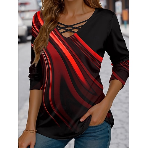  Naisten T-paita Kuvitettu Geometrinen Vintage Tyylikäs Vapaa-aika Pitkähihainen V kaula-aukko Tavalliset topit Päivittäin Katkaistu Painettu Sininen Rubiini Laivastosininen Purppura Apila Kevät Syksy