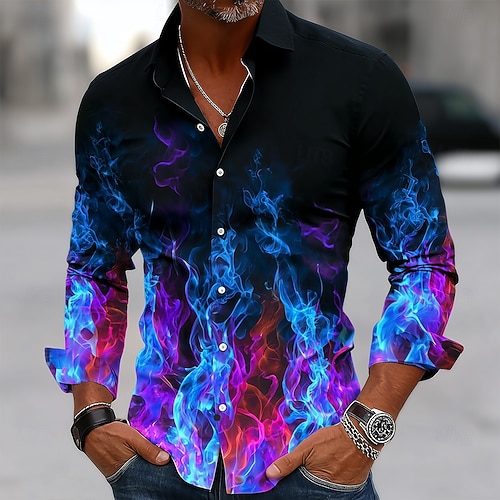 optical illusion dress shirt Men's Optical Illusion Lightning Shirt Button Up Shirt Casual Dress Shirt Long Sleeve Fashion Casual Streetwear