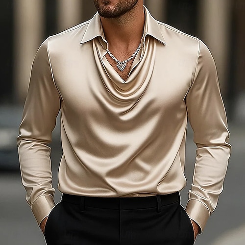  Men's Shirt Silk Like Satin Shirt Casual Shirt Plain Formal Wedding Silver Black Gold Green Long Sleeve Lapel Spring &  Fall All Seasons Clothing Apparel Ruched