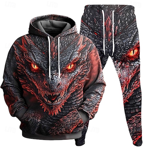  Homens Dragão 2pcs Conjuntos de moletom 3D Moletom Moletom com capuz Manga Longa Calças compridas Com Capuz Casual Diário Roupa Esportiva Impressão 3D Primavera Outono Inverno Vermelho