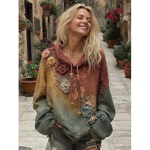  Felpa con cappuccio da donna in 3D stampato oversize maniche lunghe casual grafica floreale calda attiva top regolari street abbigliamento quotidiano patchwork viola primavera autunno inverno