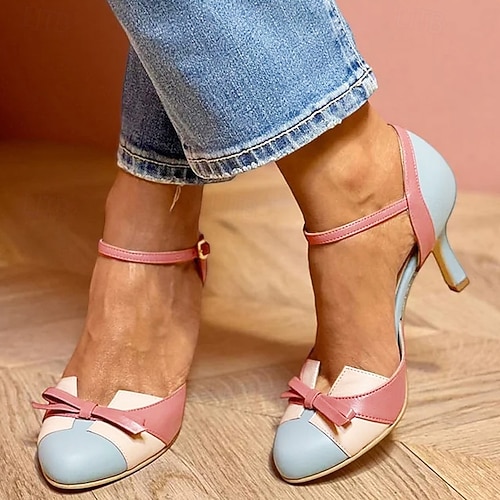 pantofi cu toc înalt, retro, în două tonuri, pentru damă – curea la gleznă cu fundă roz și albastru, perfecte pentru ținute de inspirație vintage și look-uri casual șic