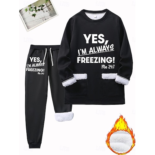 Dames Warm Dagelijks Tweedelige sets Trainingspak Broeken Sets Lange mouw Strakke ronde hals Grafisch Brief Trekkoord Afdrukken Casual Dagelijks Zwart Donker Roze blauw Herfst Normale pasvorm