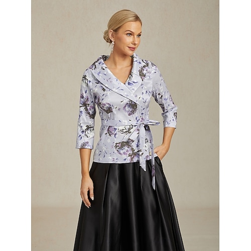  Dame Dressy topper Blomstret Elegant Årgang Bryllup 3/4 ermer V-hals Vanlige topper Bryllupsgjest Festkveldsklær Lys Lilla Vår, Høst, Vinter, Sommer