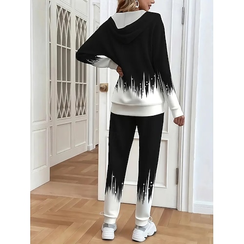  Completo da donna due pezzi, attivo, quotidiano, con felpa e pantaloni, manica lunga, girocollo, con cappuccio, stampa floreale sfumata, con coulisse, casual, nero e bianco, autunno, vestibilità