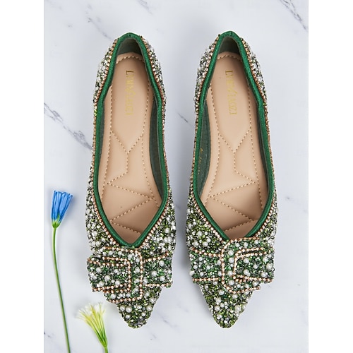 Women's Green Rhinestone Pearl Flats - Pointed Toe Slip-On Dress Shoes with  Buckle Detail for Cocktail Parties & Evening Events 2026 - 31.99