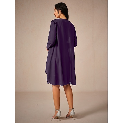  Women's Wedding Guest Jacket Dress Lace Dress Chiffon Dress Set Cocktail Dresses Formal Dresses Cardigan Ruched Long Sleeve Cocktail Party Blue Spring Summer Fall