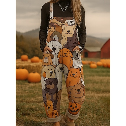  Macacão feminino 100% algodão, leve, floral, sem mangas, reto, gola redonda, com bolso, férias, halloween, ajuste solto, preto, marrom, cáqui, verão