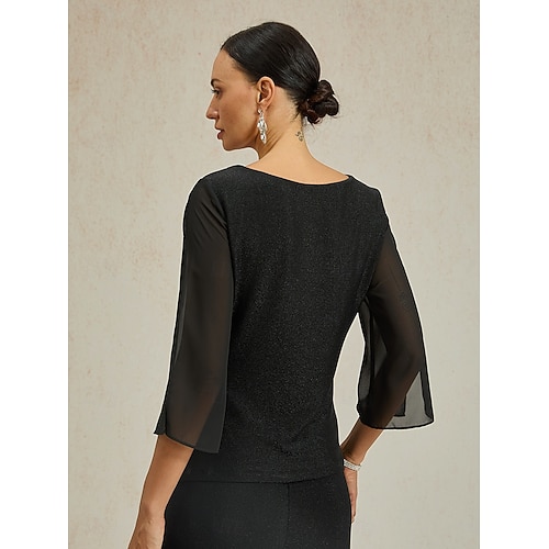  Dam Dressiga toppar Ensfärgat Elegant Vintage Dagligen 3/4 ärm Rund hals Vanliga toppar Bröllopsgäst Kvällsfest Date Night Outfits Glitter Svart Vår, Höst, Vinter, Sommar