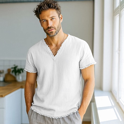  Homme T-shirt T-shirt en lin Manches courtes Col en V Été Printemps Couleur Unie Uni Mode Designer Basique Flexible Vacances Occasionnel Décontracté Quotidien Blanche Rose Claire Rouge Bordeaux