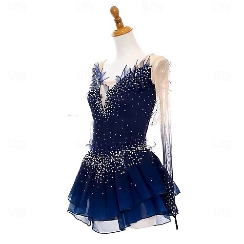 blue figure skating competition dress Young Girls' Royal Blue Long Sleeve Figure Skating Dress,Firework Crystal Print High-Stretch Sheer Mesh Skirt,Winter Sport Practice Competition Outfit