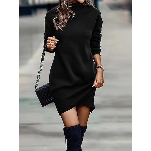  Damen Sweatshirtkleid Mini Kleid Wickelkleid Party Lässig Boho Formal Outdoor Zuhause Regulär Passform Einfarbig Geometrisch Karierte Langarm Rollkragen Schwarz Frühling Herbst Winter