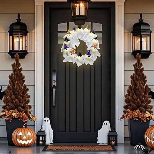  halloween szellemkoszorú fényekkel 16 hüvelykes 12 led-es kis világító fehér szellemgirland kísérteties szellemek halloween koszorúk bejárati ajtóra lógó boszorkánysapka szellem otthoni partiajtó