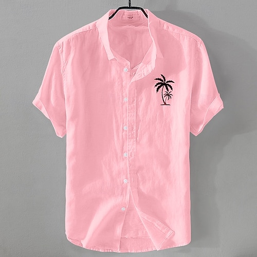  Men's Linen Shirt Minimalist Aloha Shirt Casual Shirt Cotton Linen Shirt Button Up Shirt Coconut Tree Vacation Street Black White Pink Dark Navy Short Sleeve Lapel Summer Clothing Apparel Button-Down
