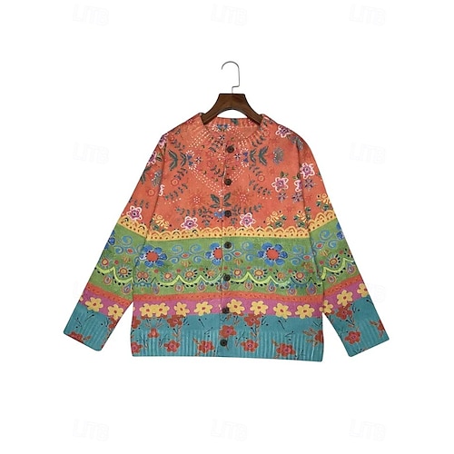  Női kardigán pulóver kötött bordás gombos elől kerek nyakú hosszú ujjú könnyű női elegáns vintage virágos grafikai csíkozott gombok nyomtatás kötött kültéri hétvégi rózsaszín lila ősz tél