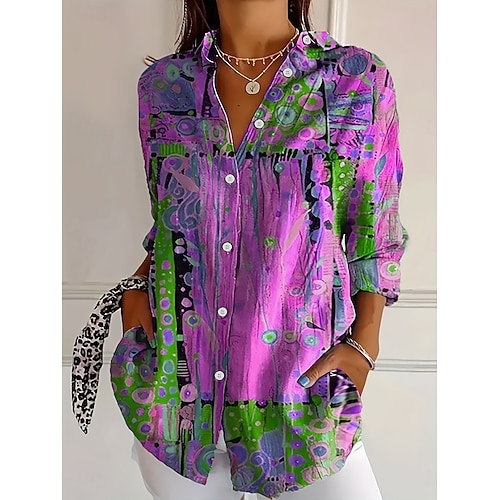  Damen Hemd Grafik Geometrisch Vintage Täglich Lässig Langarm Hemdkragen Normale Oberteile Täglich Ferien Druck Gelb Rote Blau Purpur Grün Sommer Frühling