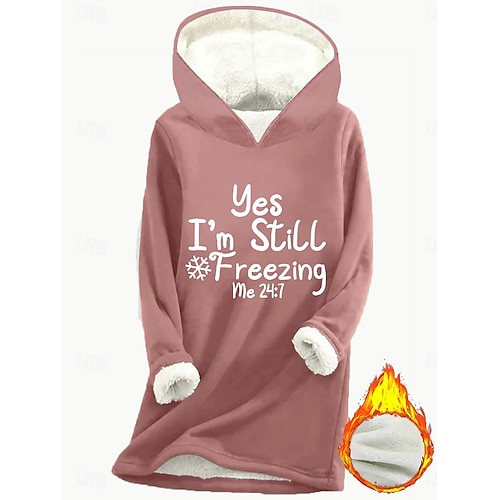  Per donna Felpa con cappuccio Grafico Lettera Caldo Casual Pile Sherpa Manica Lunga Con Cappuccio Top lunghi Streetwear Abbigliamento Quotidiano Casuale Stampato Rosa scuro Blu Grigio Autunno Inverno