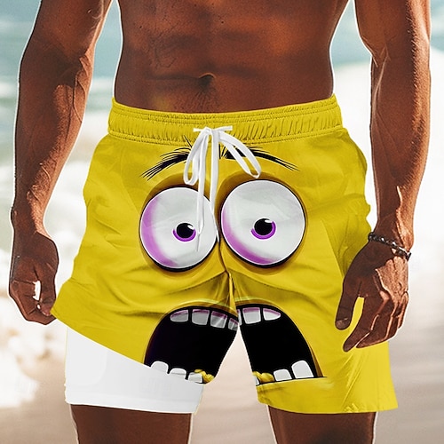 Men's 3D Cartoon Funny Smile Face Lined Shorts 2 in 1 Board Shorts Swim Shorts Mid Waist Hawaiian Holiday Side Pockets With Compression Liner Elastic Drawstring Waist Designer Clothing Apparel
