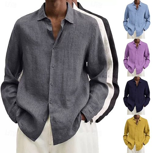 Camicia da uomo in cotone e lino, nera, rosa, blu navy, manica lunga, tinta unita, stile turndown, abbigliamento da vacanza, abbigliamento in poliestere, moda casual