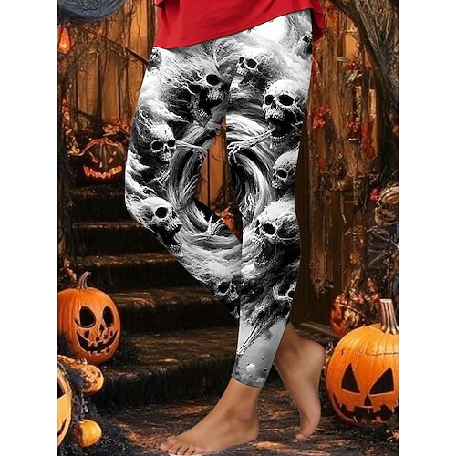  Mulheres Leggings Férias Vintage Moda Mimolet Cintura AltaPantsHalloween Gráfico Caveiras dia das Bruxas Estampado Macio Respirável Com Stretch Férias Rua Casual Branco Azul Verde cáqui Primavera