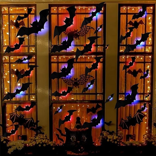  Halloweenské 3D samolepky na zeď s netopýrem, pavoukem, LED tištěné samolepky na netopýry, odnímatelné samolepky na okna do koupelny, dveří, domova, ložnice, párty potřeby