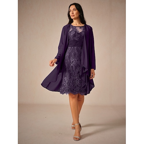  Women's Wedding Guest Jacket Dress Lace Dress Chiffon Dress Set Cocktail Dresses Formal Dresses Cardigan Ruched Long Sleeve Cocktail Party Blue Spring Summer Fall