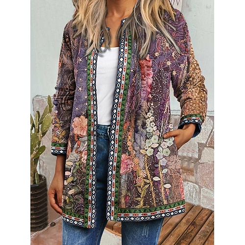  Pentru femei Sacou Rezistent la Vânt Cald Buzunar Bloc de Culoare Deschis frontal Cu buzunare Epocă Modern Casual Floral Casual Zilnic Casul / Zilnic Scurt Crewneck Fit regulat Manșon Lung