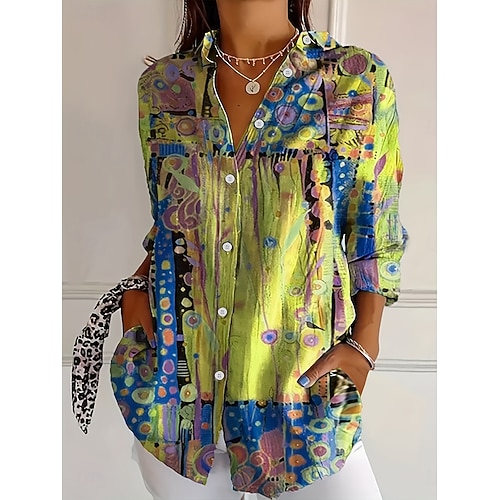  Damen Hemd Grafik Geometrisch Vintage Täglich Lässig Langarm Hemdkragen Normale Oberteile Täglich Ferien Druck Gelb Rote Blau Purpur Grün Sommer Frühling