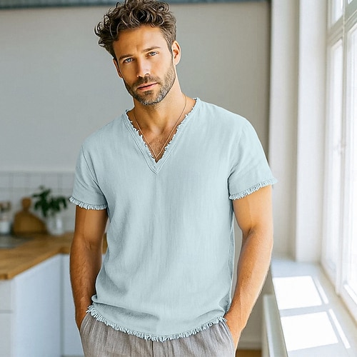  Homme T-shirt T-shirt en lin Manches courtes Col en V Été Printemps Couleur Unie Uni Mode Designer Basique Flexible Vacances Occasionnel Décontracté Quotidien Blanche Rose Claire Rouge Bordeaux