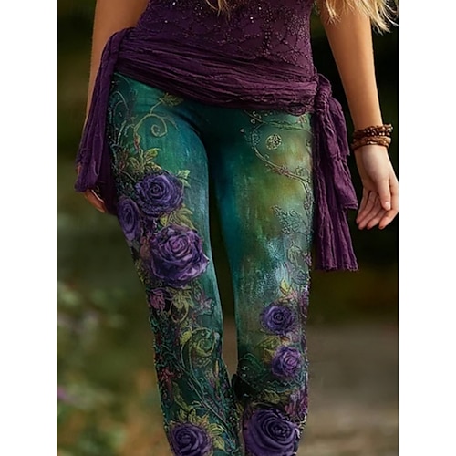  Women's Pants Trousers Leggings Cozy Leggings Streetwear Casual Full Length High Waist Floral Elastic Waist Print Breathability Comfortable Stretchy Vacation Street Daily Wear Green Summer Spring Fall