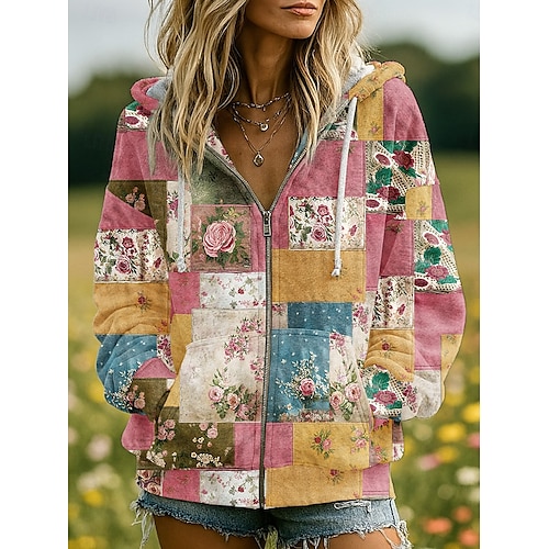  Felpe con Cappuccio 3D Donna Stampate con Grafica Floreale Moda Casual Boho Maniche Lunghe Cappuccio Top Regolari Abbigliamento Stradale Quotidiano Patchwork Tasca con Cerniera Rosa Rosso Blu