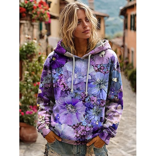  Damen 3D-Print Hoodie Pullover Sweatshirt Oversized Langarm Lässig Grafik Floral Warm Aktiv Kapuze Reguläre Tops Street Dailywear Patchwork Schwarz Weiß Gelb Dunkel Pink Frühling Herbst Winter