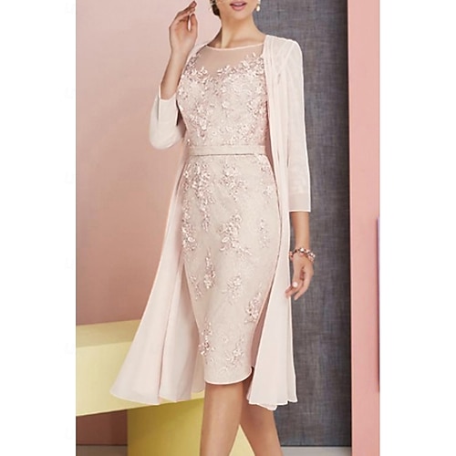 Strandhochzeit zweiteiliger Schlauch Brautmutterkleid Hochzeitsgast Kirche elegant Vintage Plus-Size Bateau-Ausschnitt knielang Chiffon Spitze 3/4-lange Ärmel Jackett Kleider mit Applikationen