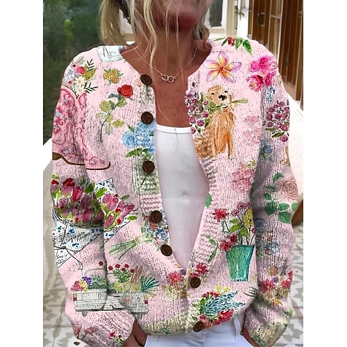  Cardigan da donna maglione femminile Quotidiano Animale In rilievo Collo a girocon Bottoni Stampa Maniche lunghe Lunghi Top in maglia All'aperto Weekend Rosa Autunno Inverno